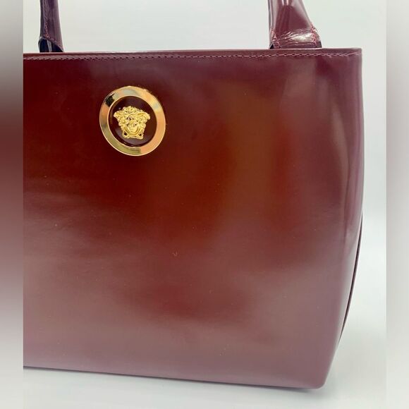Auth Gianni Versace Small Bordeaux Enamel Top Handle Bag Structured Satchel - Picture 7 of 9